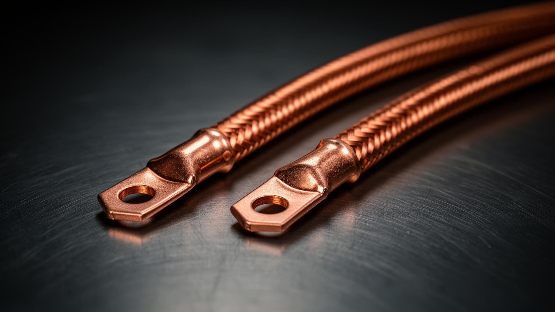 Polished tinned copper braided earthing leads with crimped lugs